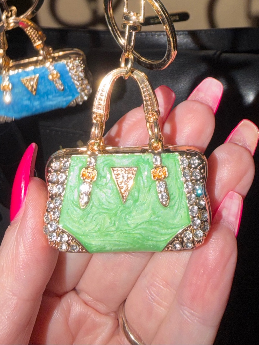 Green Crystal Accent Mini Handbag Keychain – Women's Key & Card Holder